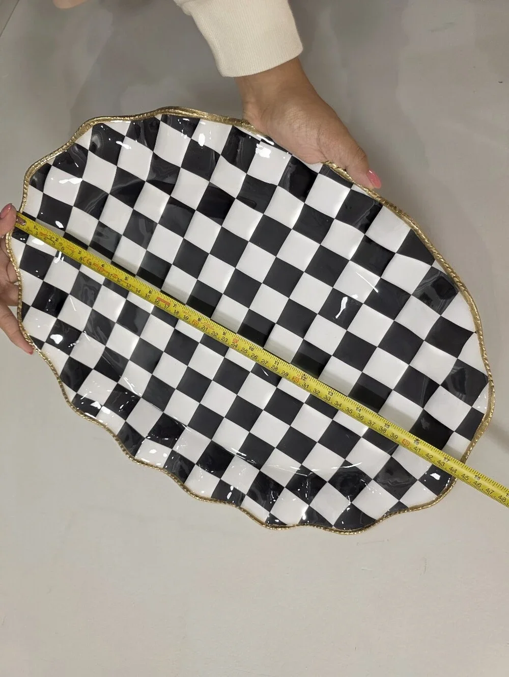 Checkerboard Black and White Decorative Serving Platter with Gold Trim